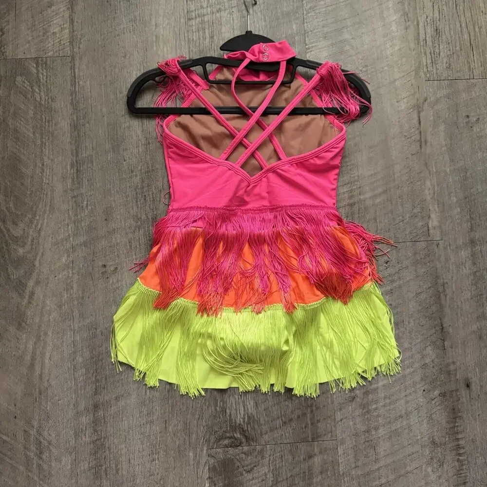 Revolution RC24609 What Is Love Size LC Girls Large Dance Leotard Fringe Neon